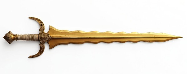 Golden battle sword isolated on plain white background. Weapon has wavy blade, ornamented handle, and pointed tip. Ancient metal artifact, fantasy object, or antique collectible.