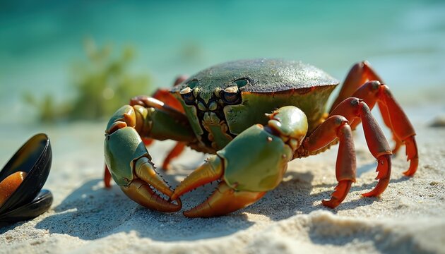 Green crab with orange legs walks on wet sand near blue sea. Mussel shell rests beside crustacean on sunny beach. Marine life explores shallow water coastline.