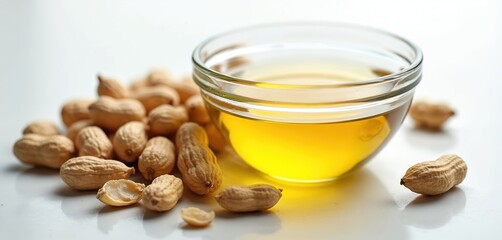 Clear glass bowl filled with golden peanut oil next to a pile of peanuts in shells. This image highlights healthy fats, natural ingredients, and culinary uses for cooking and salad dressings.