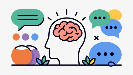 Fototapeta premium Conceptual Illustration of a Human Head with a Brain, Surrounded by Communication Symbols