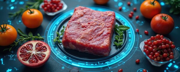Raw meat, fresh fruit, and vegetables on a futuristic interface. AI tech inspects food quality, monitoring production and supply chain for safety. Future of food industry.