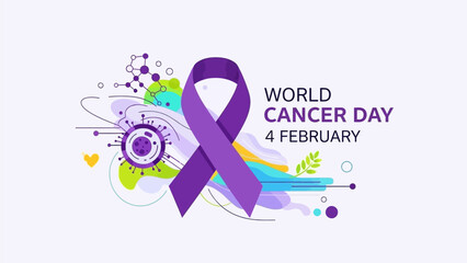 World cancer awareness day banner design concept. Purple ribbon on world map for February 4th stop cancer campaign symbol. Attention to healthcare background. Vector eps print