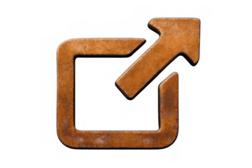Rusty metal external link icon showing an arrow pointing diagonally out of a square, representing web navigation