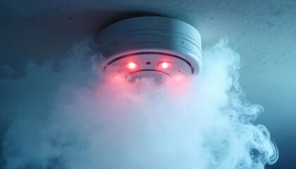 Smoke detector device on ceiling with red alarm lights on. White smoke fills room creating urgent atmosphere. Early fire warning system prevents disaster in home.