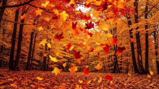 Leaf Vortex falling leaves autumn Slightly elevated perspective looking down as a swirling pattern of leaves descends in a gentle