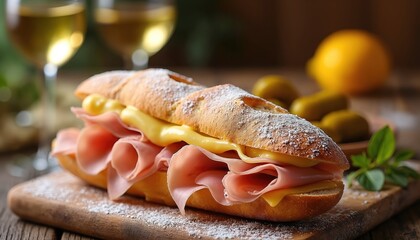 French sandwich with ham, cheese, and melted cheese on a wooden board. Two glasses of white wine and pickles are on the side, perfect for a light meal.