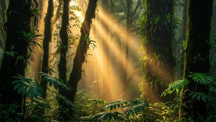 Enchanted Rainforest: Sunbeams Through Ancient Trees