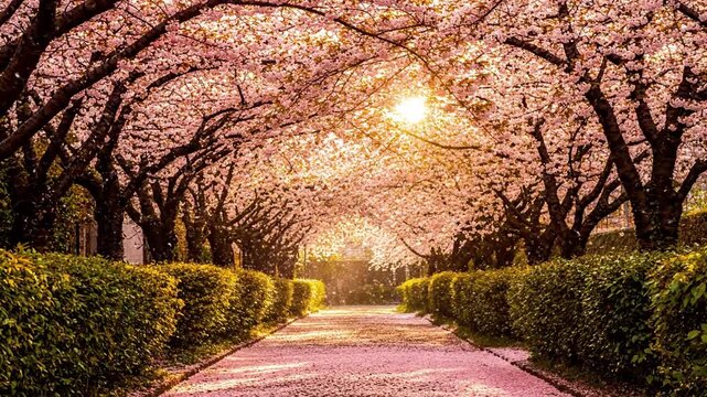 Reflections in Calm Water cherry blossom spring A tranquil scene featuring cherry blossom trees alongside a still pond or lake, their reflections perfectly mirrored on the
