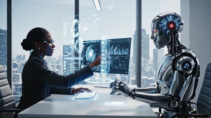 Businesswoman and robot collaborating on futuristic interface in modern office with city view - Powered by Adobe