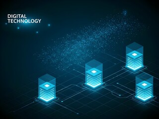 Abstract cloud, AI blockchain infrastructure concept. Futuristic blue background, Isometric data technology network 3D vector illustration with digital server platforms and cubes connected by lines.ai