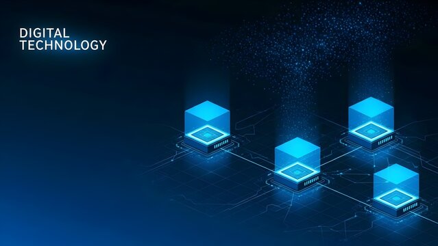 Abstract cloud, AI blockchain infrastructure concept. Futuristic blue background, Isometric data technology network 3D vector illustration with digital server platforms and cubes connected by lines.ai - Powered by Adobe