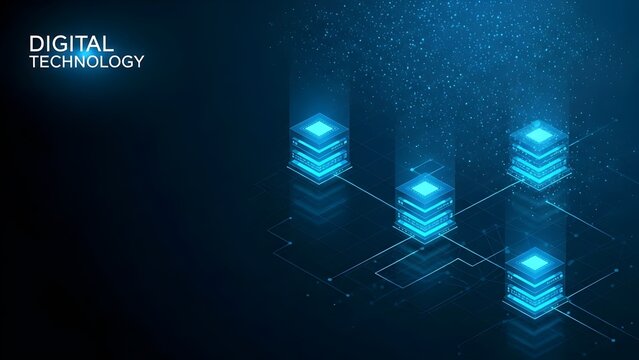 Abstract cloud, AI blockchain infrastructure concept. Futuristic blue background, Isometric data technology network 3D vector illustration with digital server platforms and cubes connected by lines.ai