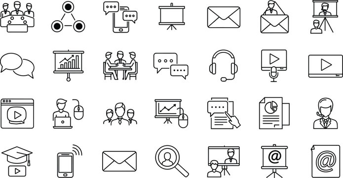 Minimal outline communication media and presentation icons set, online meeting messaging video education symbols, modern thin line vector illustration