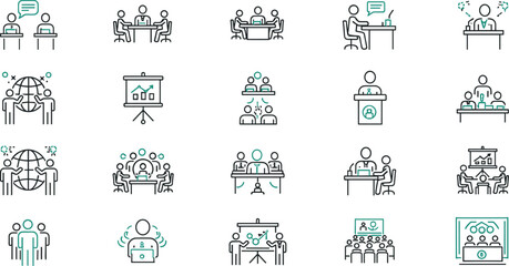 Minimal outline teamwork meeting and presentation icons set, business communication leadership collaboration training symbols, modern thin line vector illustration