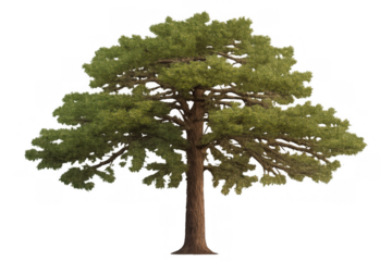 Evergreen tree with rich foliage and broad canopy, providing natural beauty and environmental concepts on transparent background