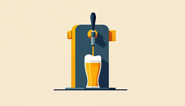 Flat illustration of beer dispenser pouring golden ale into glass. Pub bar equipment pours fresh draft beverage with foam head. Modern design for bar pub or restaurant.