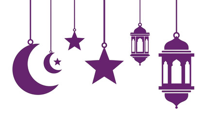 Purple Ramadan Lanterns and Moon with Stars Hanging Decoration, Islamic Holiday Celebration Graphic Illustration