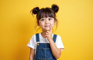 Asian toddler girl with buns hairstyle smiles. She wears denim overalls and white t shirt. Child poses against a bright yellow studio backdrop. Girl looks thoughtful, touching her chin with a finger.