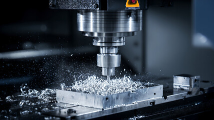 Close Up Of A CNC Milling Machine Drilling Metal Piece With Sparks
