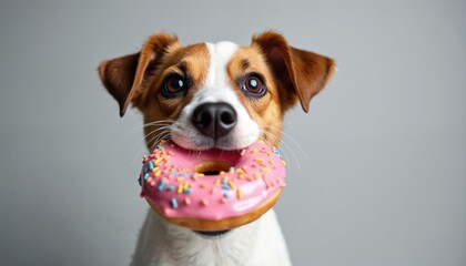 Jack Russell terrier dog holds pink donut with sprinkles in mouth. Cute pet enjoys sweet treat, looks at camera with big eyes, grey background studio shot. A happy dog eating pastry.