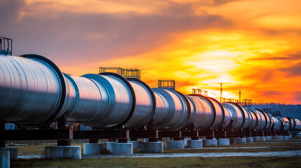 Modern Industrial Oil And Gas Pipeline System At Factory Facility Under Sunset Sky 
