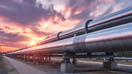 Modern Industrial Oil And Gas Pipeline System At Factory Facility Under Sunset Sky 