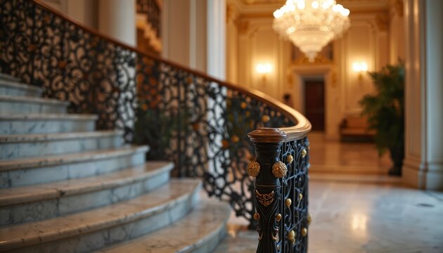 Grand curved marble staircase with ornate black iron railing. Interior hall with chandelier lights, gilded details, and lush plant. Luxury residence. - Powered by Adobe