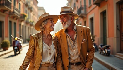 Stylish elderly couple in luxurious gold outfits walk, smile in sunny Italian street. Wear fedora hats, enjoy joyful vacation together. Fashionable seniors share happy moment outdoor. Look amazing.