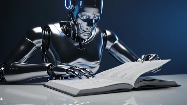 A shiny metallic robot reads an open book on a reflective surface with a dark blue background