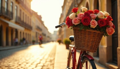 Red bicycle with basket full of red and pink roses on cobblestone street. Sunlight illuminates street and old European buildings. Peaceful romantic scene.