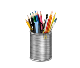 Office Stationery Set in Metal Holder with Scissors and Ruler on Transparent Background