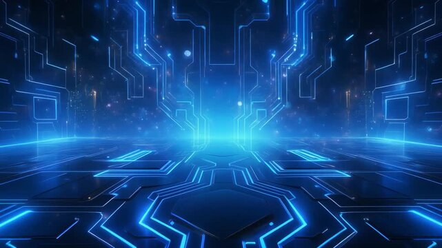 Futuristic digital landscape with neon blue circuit pathways and glowing connections in a dark technological environment viewed from above