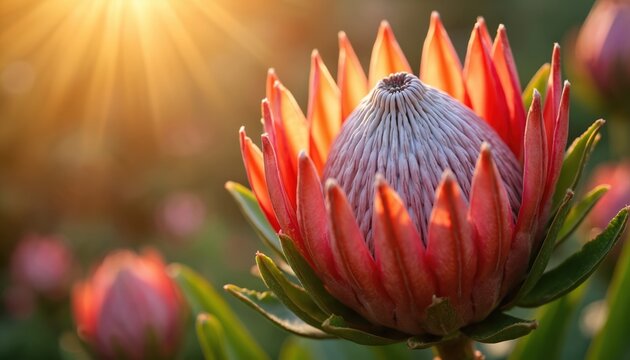 Large king protea flower head glows in warm sunbeam. Red petals surround grey center. Green leaves and blurred blooms grow nearby. Exotic plant thrives in natural garden.