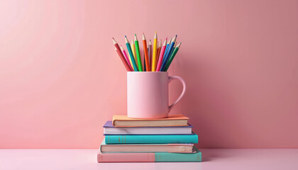 Stack of books holds a pink mug filled with colored pencils. This provides a fun, creative vibe for school or art projects. Back to school concept.