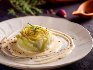 Cream of cabbage Alfredo soup, keto diet meal elegant restaurant dish