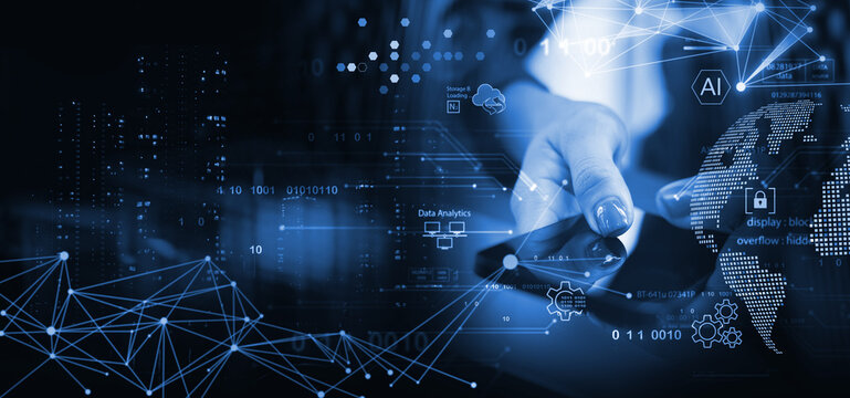 Data science and engineering, digital technology, futuristic tech background. Software engineer working with database and big data analytics, cloud computing with AI and data exchange - Powered by Adobe