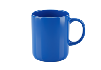 pristine, empty, cobalt blue ceramic mug with a high-gloss glaze and c-handle, isolated on a transparent reflective studio background with copy space. concept for premium product advertising