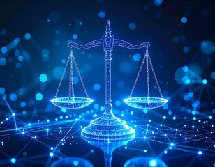 Digital justice concept, a balance scale rendered in blue light, interconnected with data nodes, set against bokeh