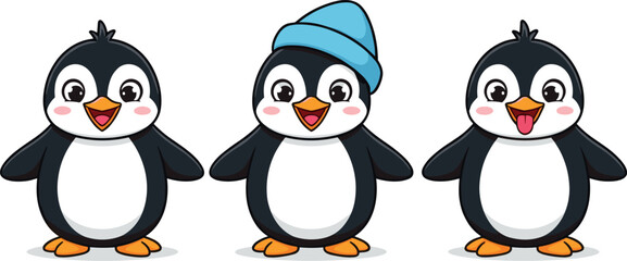 Fototapeta premium Set of Three Adorable Baby Cartoon Penguins, One Wearing a Blue Winter Beanie Hat, Ready for Cold Weather Vector Illustration.