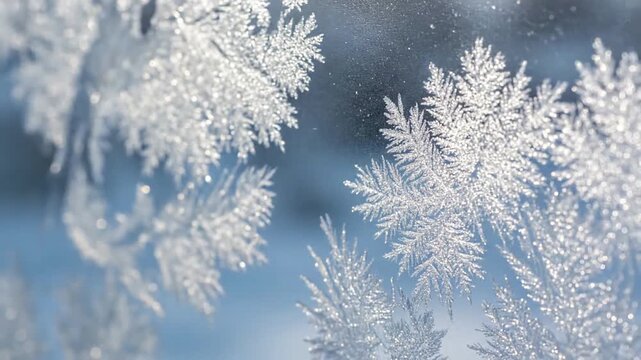 Glistening Winter Morning ice crystals Medium to wide shots of a pristine winter scene, focusing on the thousands of tiny ice crystals on snow and trees sparkling under soft sunlight.
