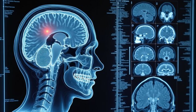 Medical illustration shows brain scan with highlighted area of damage. Multiple views display detailed cranial anatomy for diagnosis. This imagery relates to neurology and medical research.