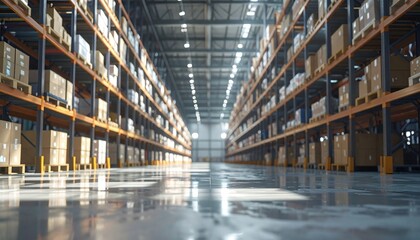 Expansive interior shot showcasing towering shelving units filled with boxes, illuminated by bright overhead lights. The floor reflects the light