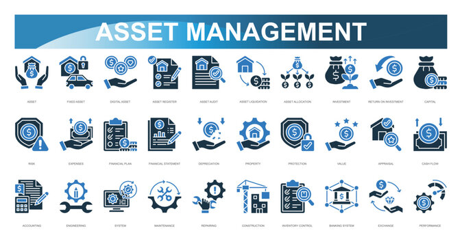 Asset Management icon set. Asset, Fixed Asset, Digital Asset, Asset Register, Asset Audit, Asset Liquidation, Asset Allocation, Investment, Return On Investment, Capital. Vector illustration