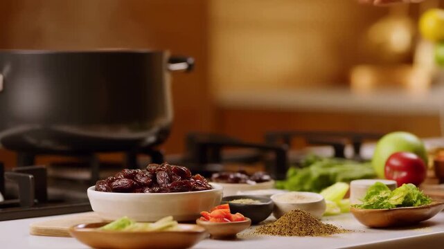 Fresh dates, spices, and vegetables on a kitchen counter. Hand sprinkles seasoning. Steaming pot. Healthy cooking.