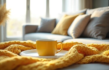 Yellow mug with hot drink rests on white plate and thick knitted blanket. Sofa with pillows in background. Bright window light fills modern living room.