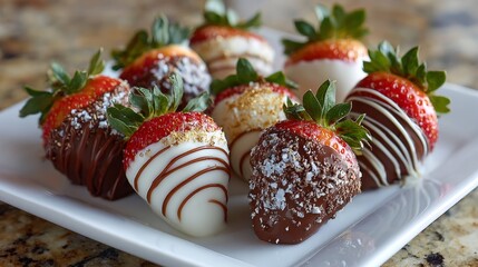 Variety of chocolate dipped strawberries on a plate at a kitchen table during a gathering