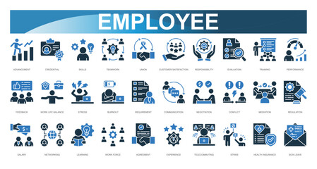 Employee Icon set. Vector illustration. Advancement, Credential, Skills, Teamwork, Union, Customer Satisfaction, Responsibility, Evaluation, Training, Performance. Vector illustration