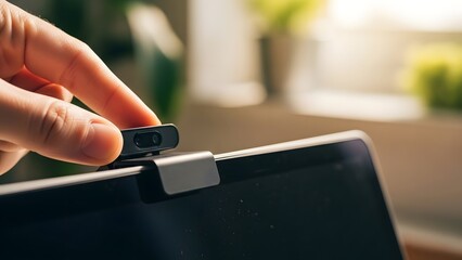 Close up of hand using a webcam cover slider on a laptop to block the camera lens ensuring digital privacy, preventing spying, and protecting against camfecting or hackers