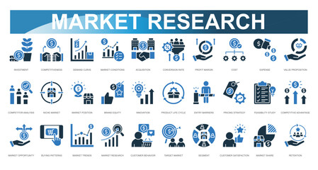 Market Research Icon set. Vector illustration. Investment, Competitiveness, Demand Curve, Market Conditions, Acquisition, Conversion Rate, Profit Margin, Cost, Expense, Value Proposition. Vector illus