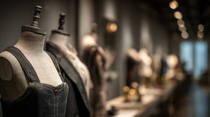 Display of mannequins showcasing various clothing styles in a fashion exhibition at a gallery in the evening